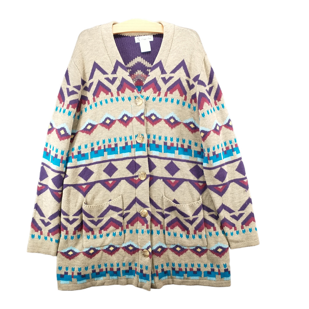 Maggie Sweet Women's Button Front Cardigan Knit Sweater Multi XL Aztec Pockets